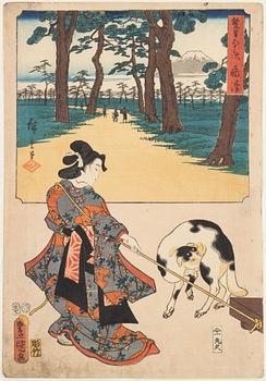 Utagawa Kunisada and Utagawa Hiroshige, Two Brushes Tōkaidō, 'Fujisawa: Terute-hime and the Gateway to Yūgyō-ji Temple'.