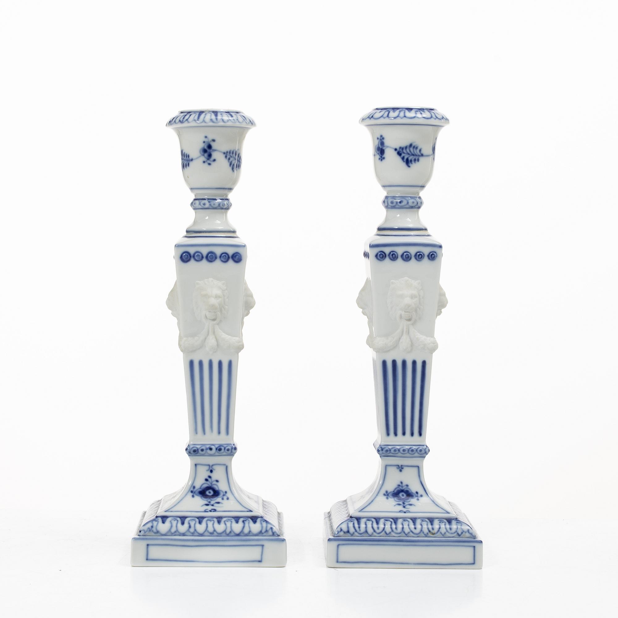 Candlesticks, a pair, porcelain. Royal Copenhagen, “Blue Fluted”, Denmark, 20th century.