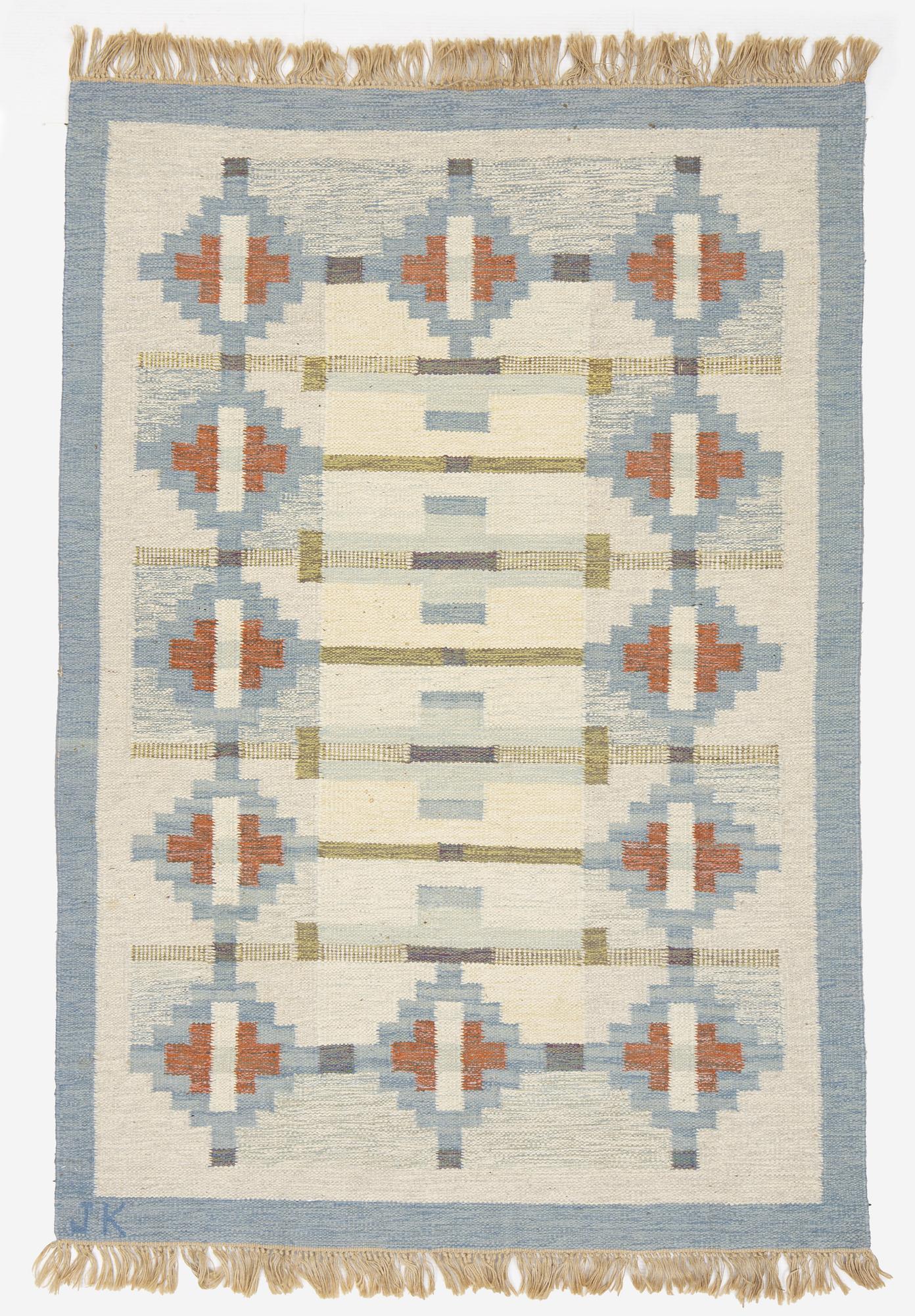 Karin Jönsson, possibly, a flat weave carpe, ca 249 x 173 cm, signed JK.