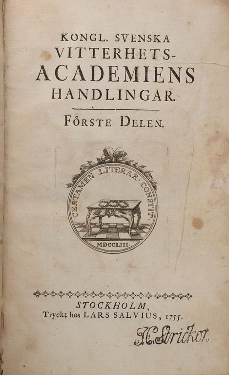 KONGL. SVENSKA VITTERHETS-ACCDEMIENS HANDLINGAR. FÖRSTE DELEN. Tryckt hos Lars Salvius, Stockholm, 1755.