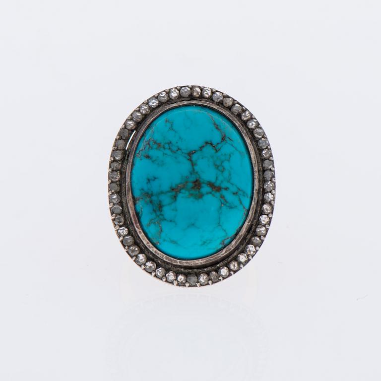 RING, guld (56), turkos ca 40 ct, rosenslipade diamanter tot. ca 1,00 ct. Ryska stämplar.