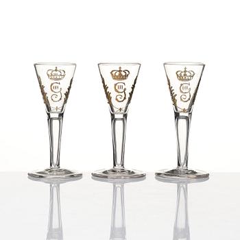 A set of six glasses and a bottle, Sweden, 18th century with King Gustavus IIIs monogram.