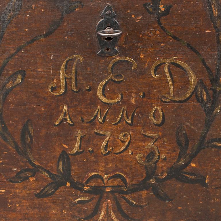 a Swedish folk art chest with the letters A.E.D and dated 1793.