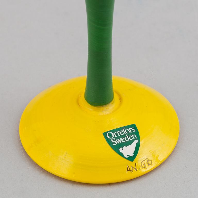 Anne Nilsson,  a set of10 glasses and decanter, "Clown", Orrefors.