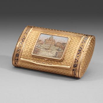 109. A Swiss 19th century gold snuff box with micro mosaic, unidentified makers mark.