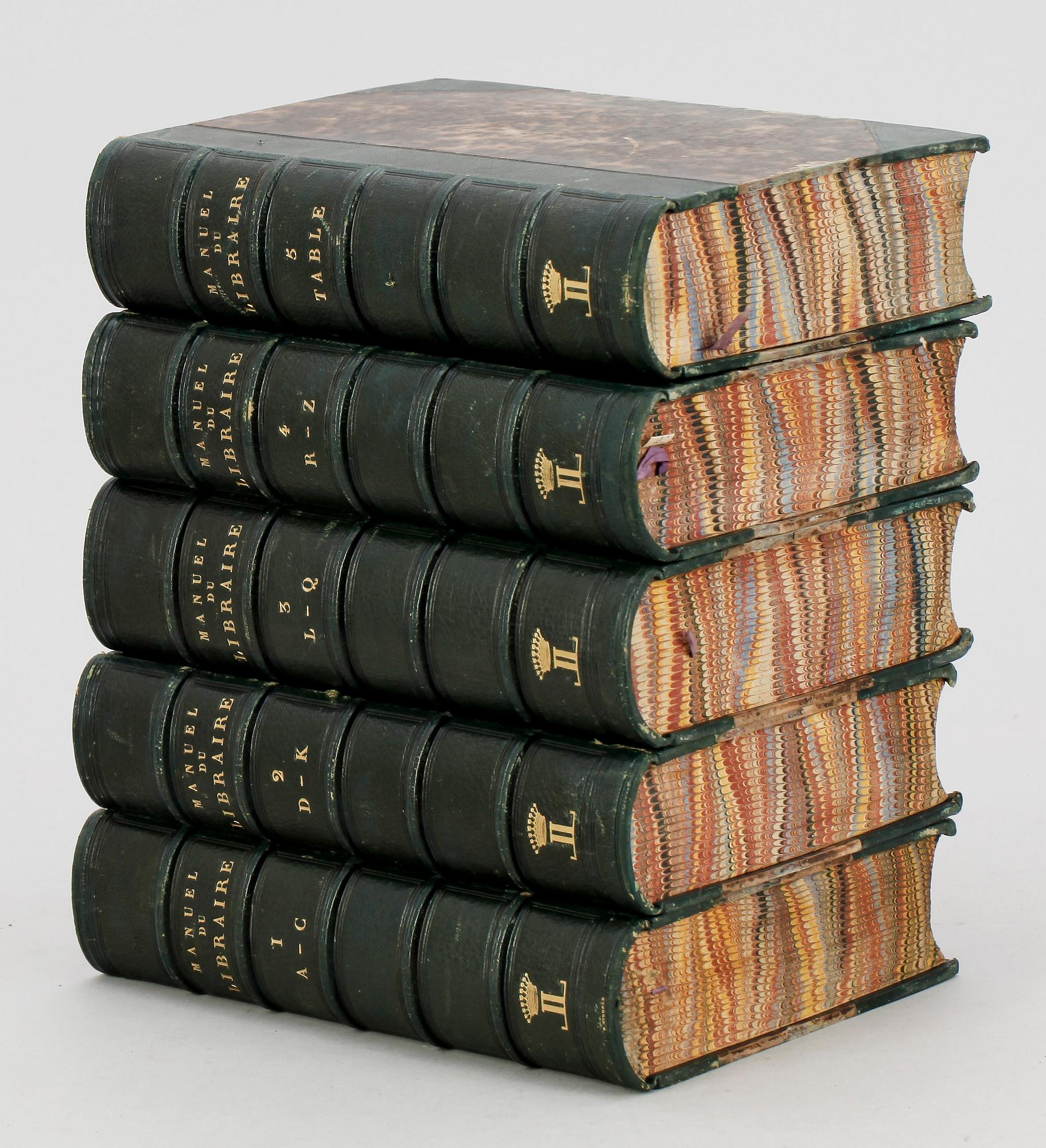 BIBLIOGRAFI, vol I-V, "Manuel du Libraire et de L´amateur de Livres" av J-C. Brunet, Paris 1842-44.