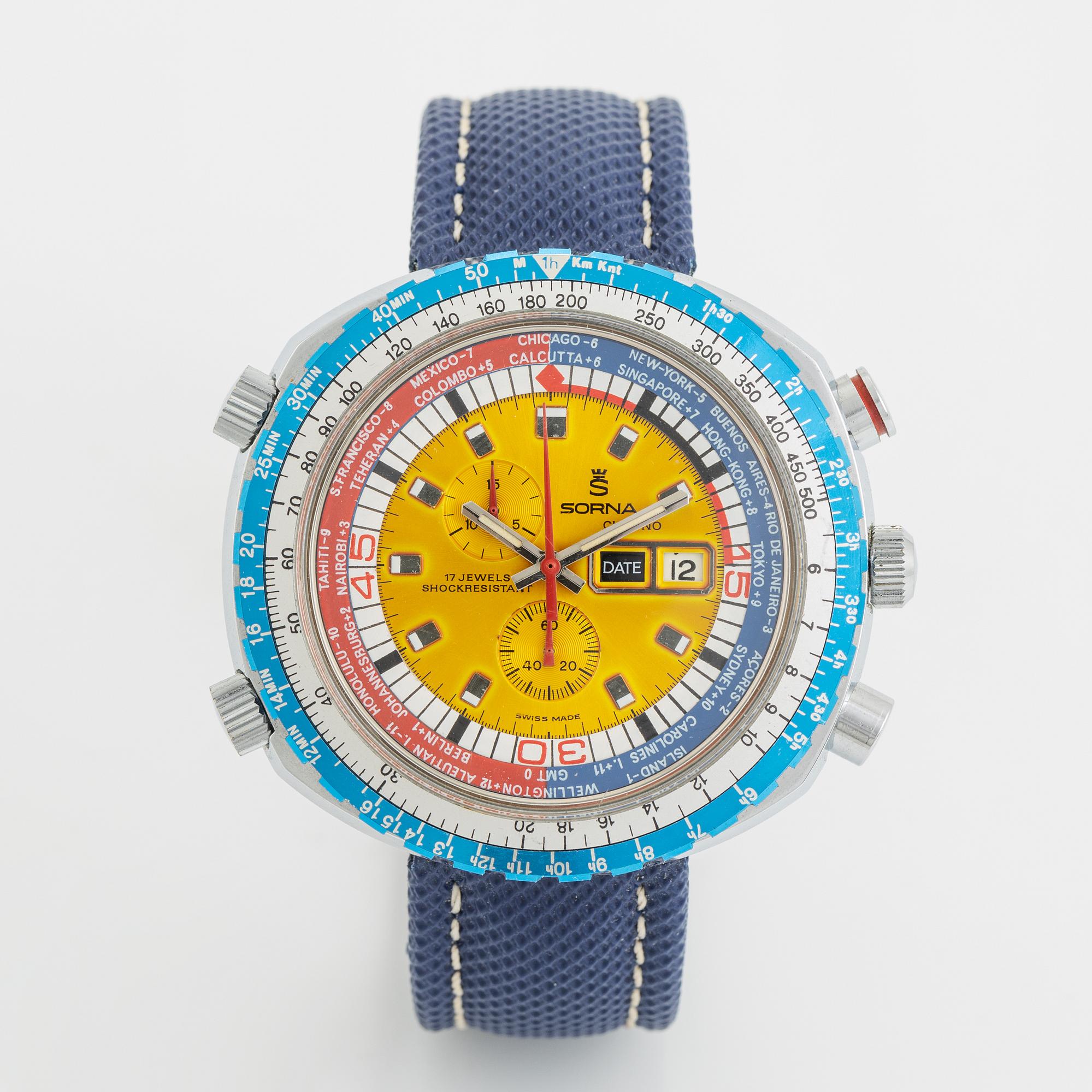 Sorna wristwatch chronograph World Timer 47 mm. Bukowskis