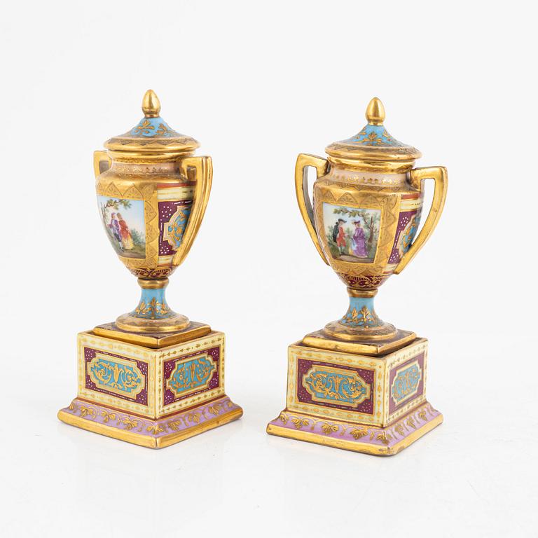 A pair of miniature urns, Vienna-style mark, circa 1900.