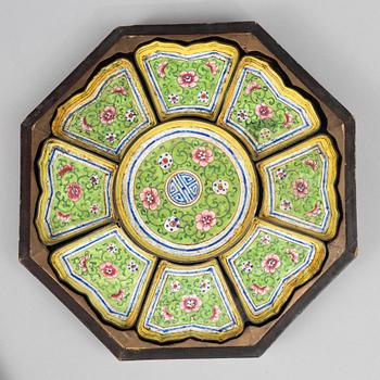 A nine piece Chinese enamel on copper Cabaret in its original lacquer box, late Qing dynasty / around 1900.