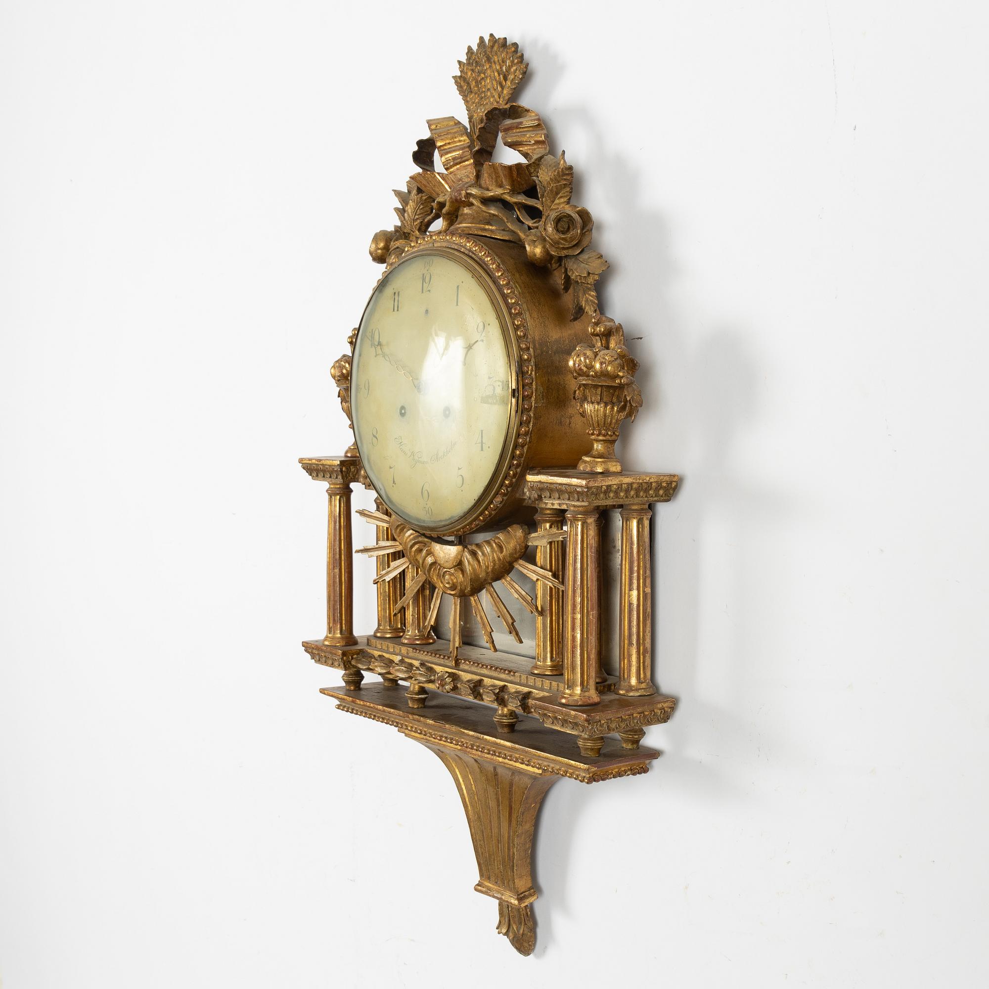 A Gustavian wall clock signed Hans Wessman, Stockholm, Sweden, late 18th century.
