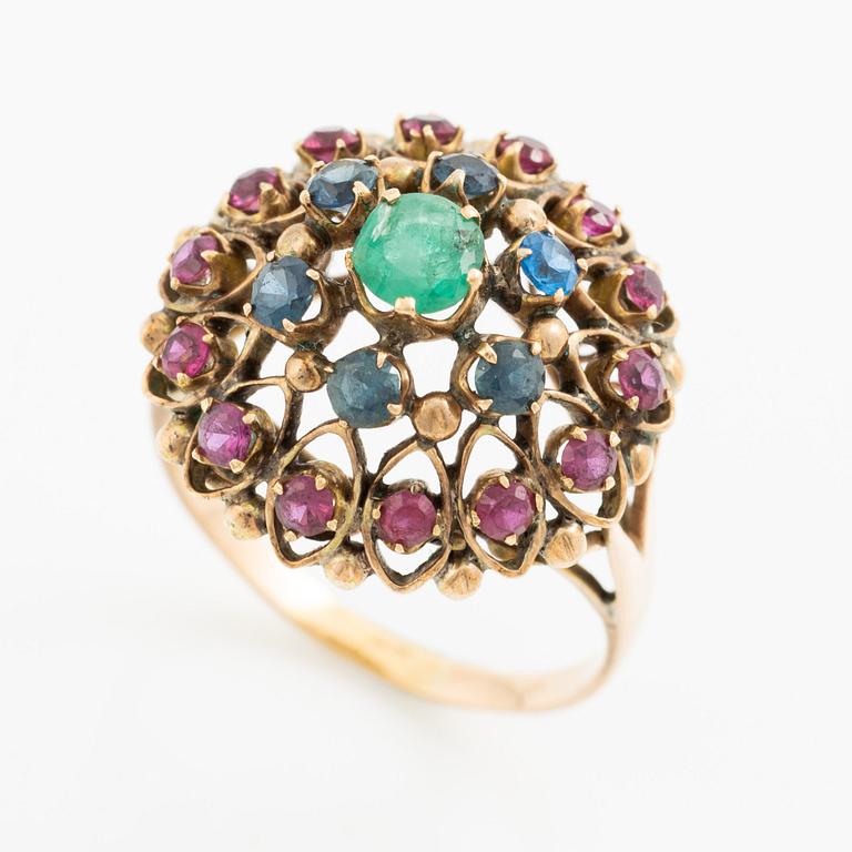 Ring, 18K gold with red, blue, and green synthetic stones.