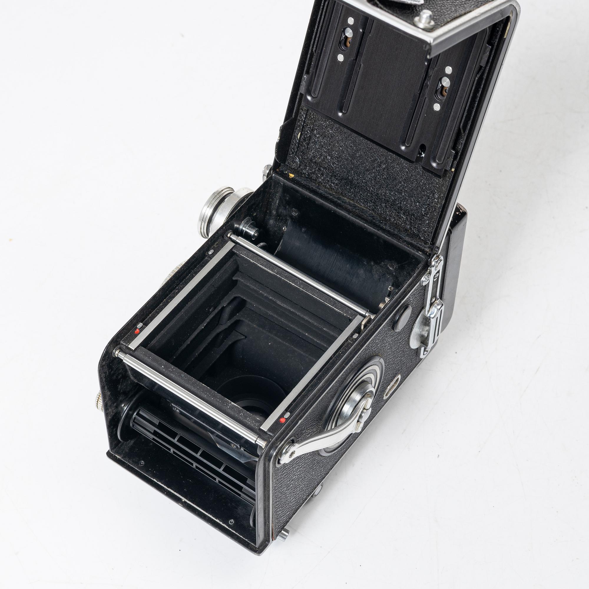 Mellanformatskamera, Rolleiflex, med väska och tillbehör, Franke & Heidecke, 1900-talets mitt, Tyskland.