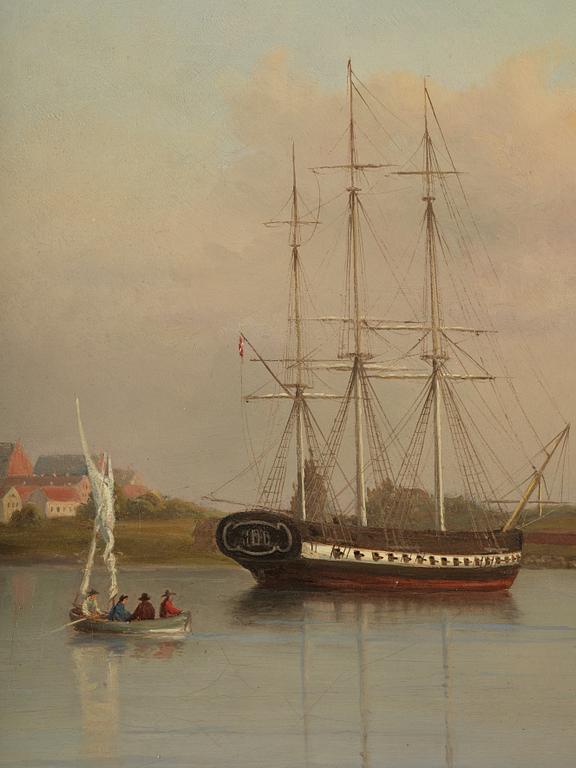 Ehrnfried Wahlqvist Warship at anchor in calm waters by Kronborg Castle.