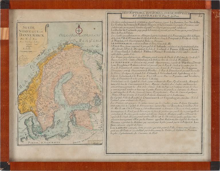 KARTA, handkolorerad etsning, Norden, Nicolas de Fer,  1700-tal.