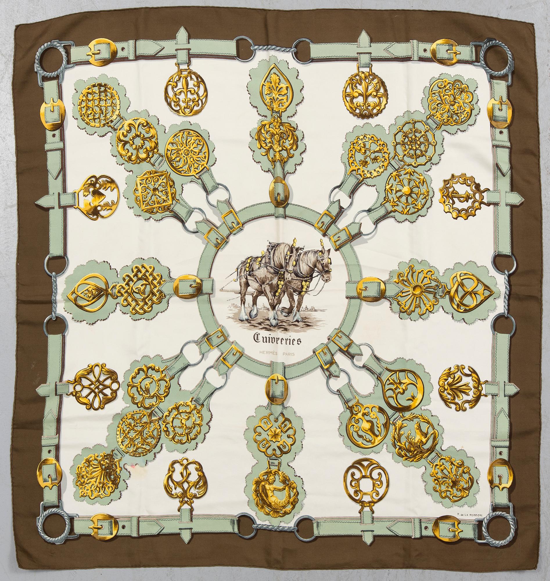 A silk SCARF, "Cuivreries", Hermès.
Design Françoise De La Perriere in 1963.
