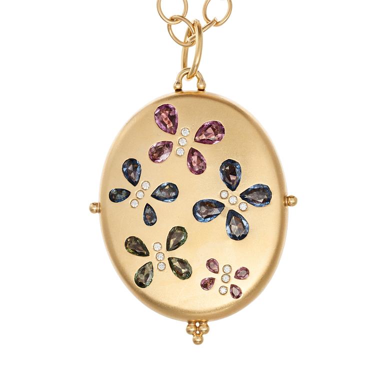 MEDALJONG, 18K guld, flerfärgade safirer, briljantslipade diamanter ca 0,20 ct. TEMPLE ST. CLAIR, USA. Vikt 75,3 g.