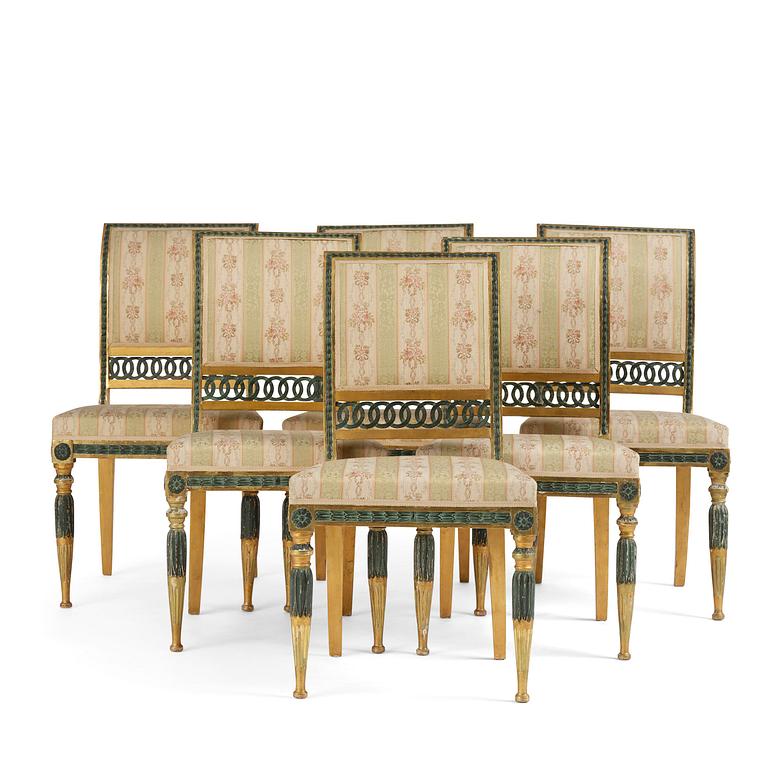A set of six late Gustavian giltwood chairs, Stockholm, late 18th century.