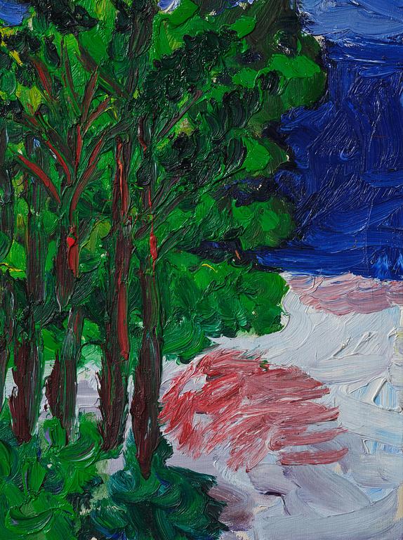 Inge Schiöler, Coastal view with pine trees.