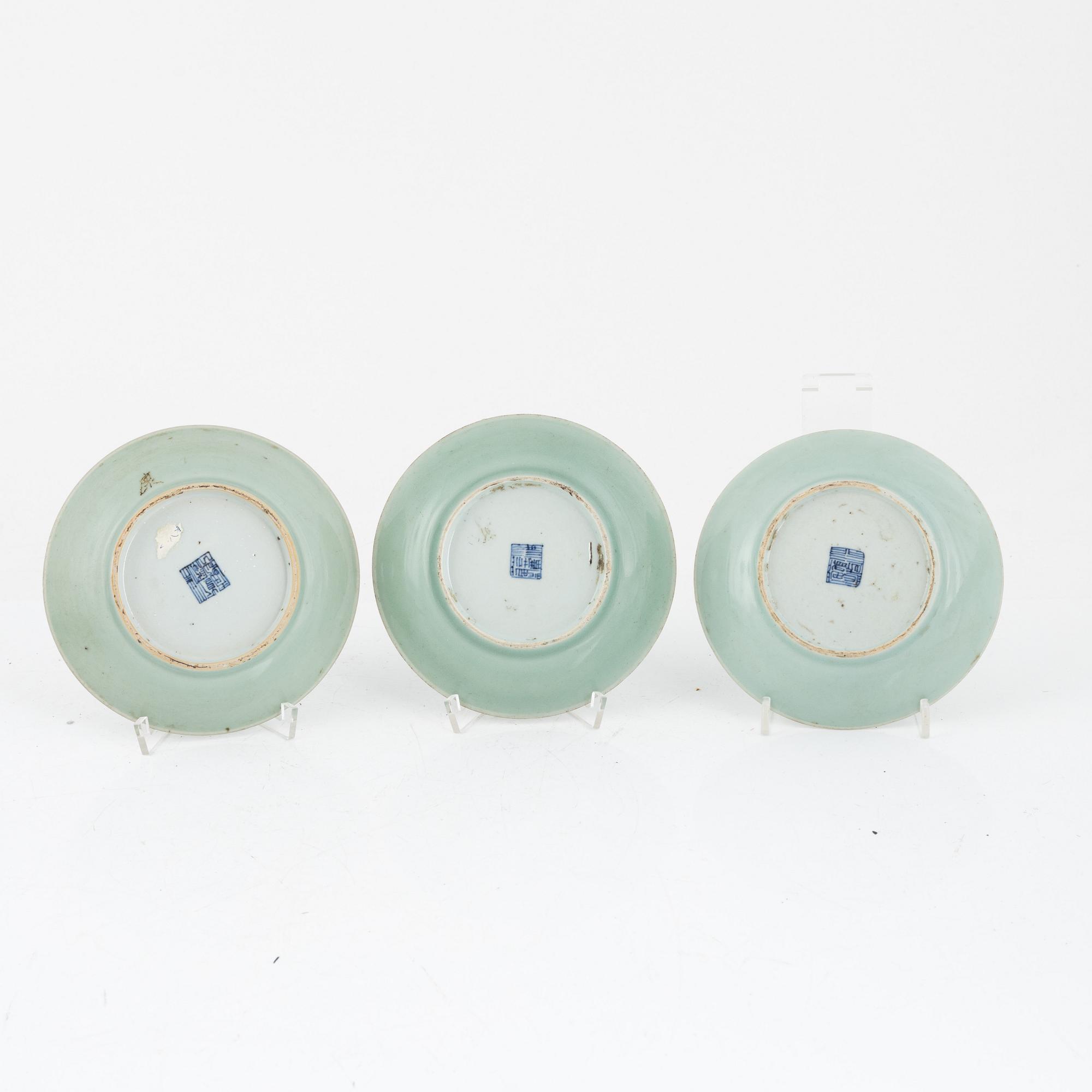 A set of three Chinese monochrome celadon porcelain dishes, Qing dynasty, 19th century.