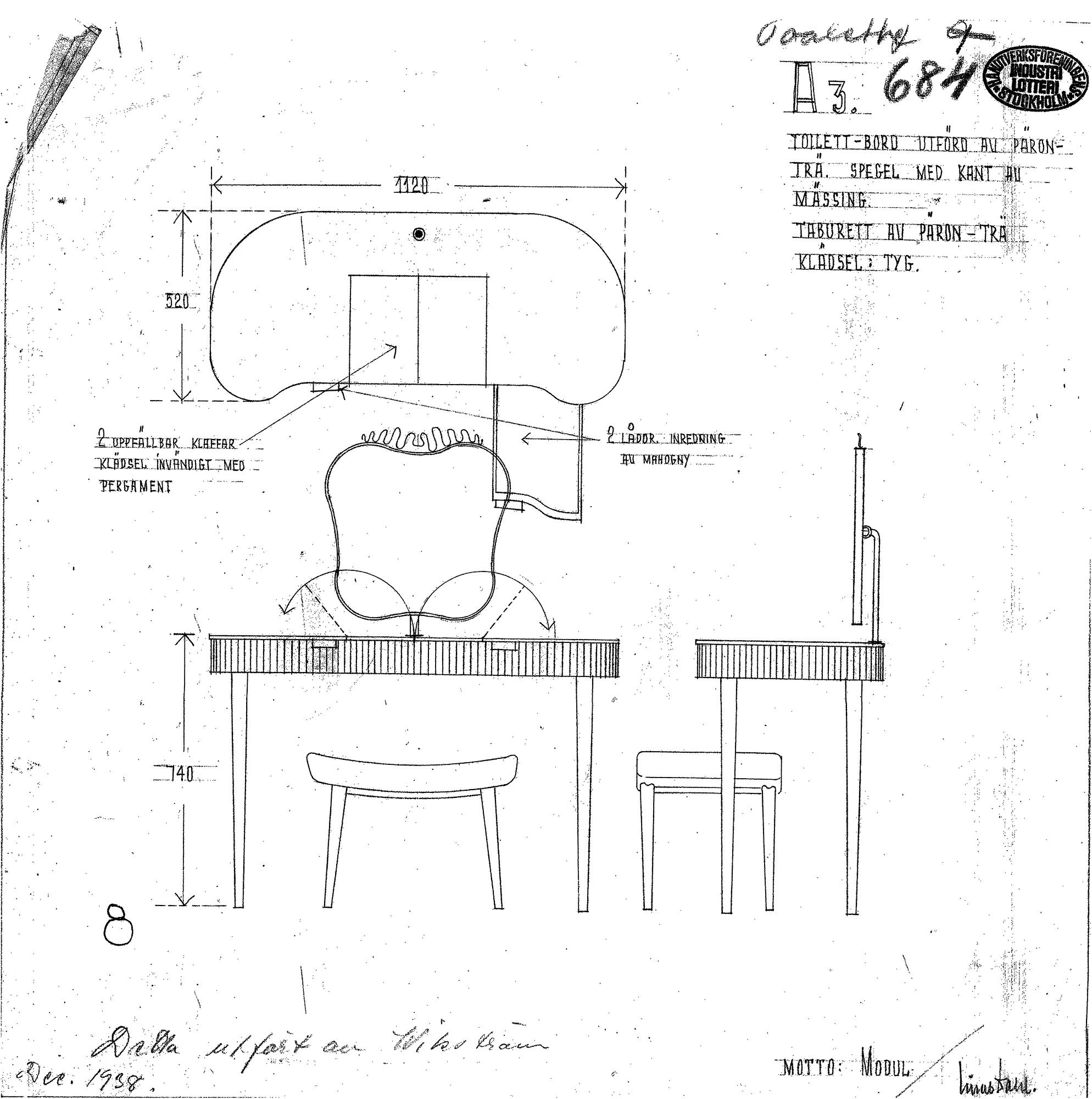 Einar Dahl, a vanity table with stool, cabinetmaker Hjalmar Wikström, for the Stockholm Crafts Association, ca 1939.