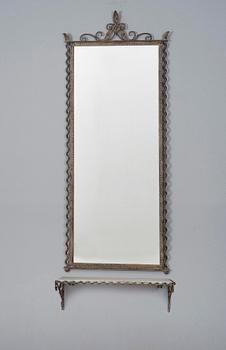 SPEGEL samt VÄGGHYLLA, metall, sannolikt Taidetakomo Hakkarainen 1930-tal.