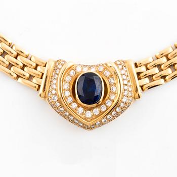 Gold, sapphire and round brilliant cut diamond necklace.