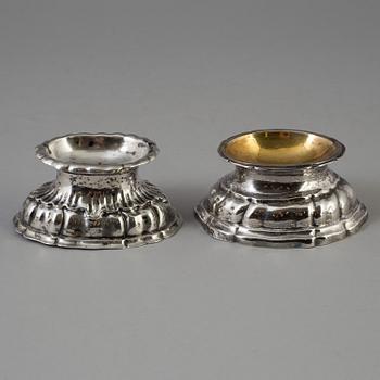 Two silver parcel gilt salt cellars, mark of Johann Jacob Rösch (1764-1807), and unidentified master Augsburg 1777-1779.