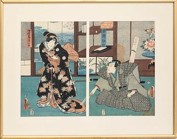 Utagawa Kunisada Toyokuni II, färgträsnitt diptyk, Japan 1800-tal.