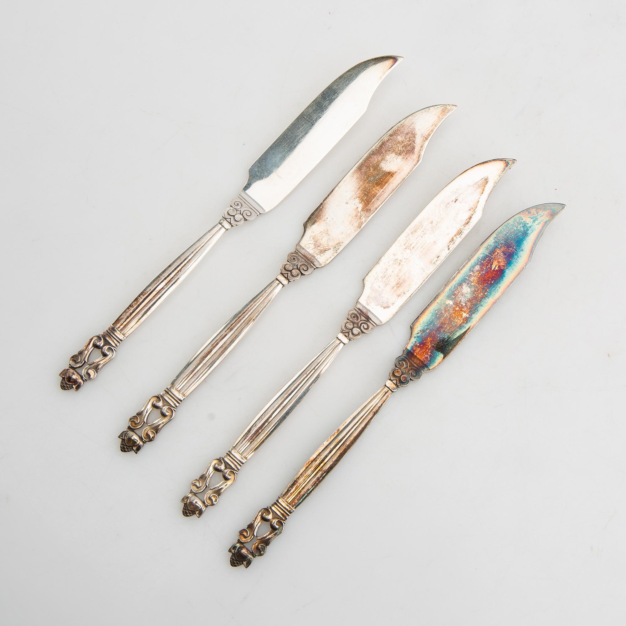 Johan Rohde, fiskknivar 12 st "Konge/Achorn" sterlingsilver för Georg Jensen efter 1945.