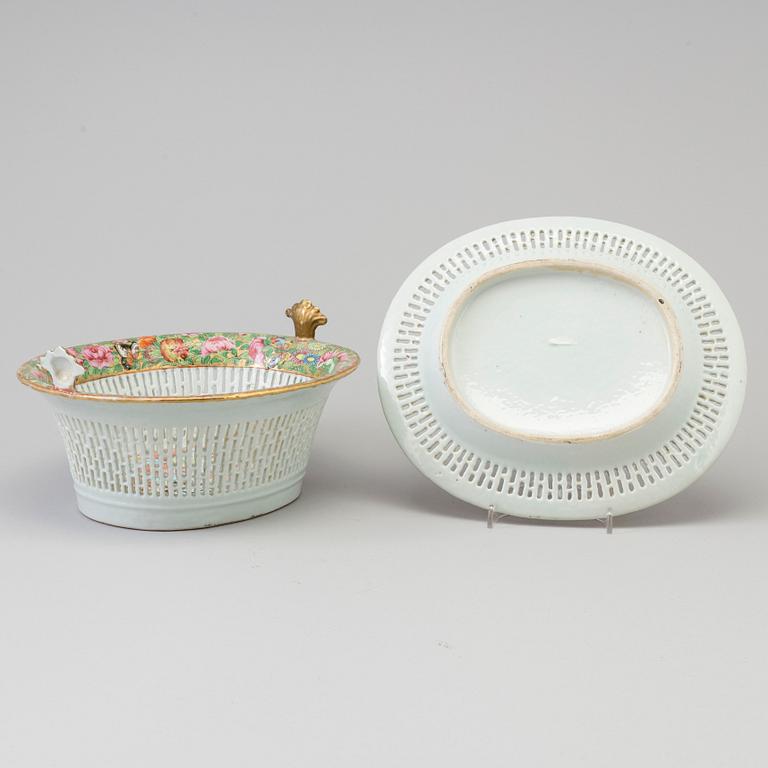 A famille rose porcelain chestnut basket with dish, Canton, Qing dynasty, 19th century.