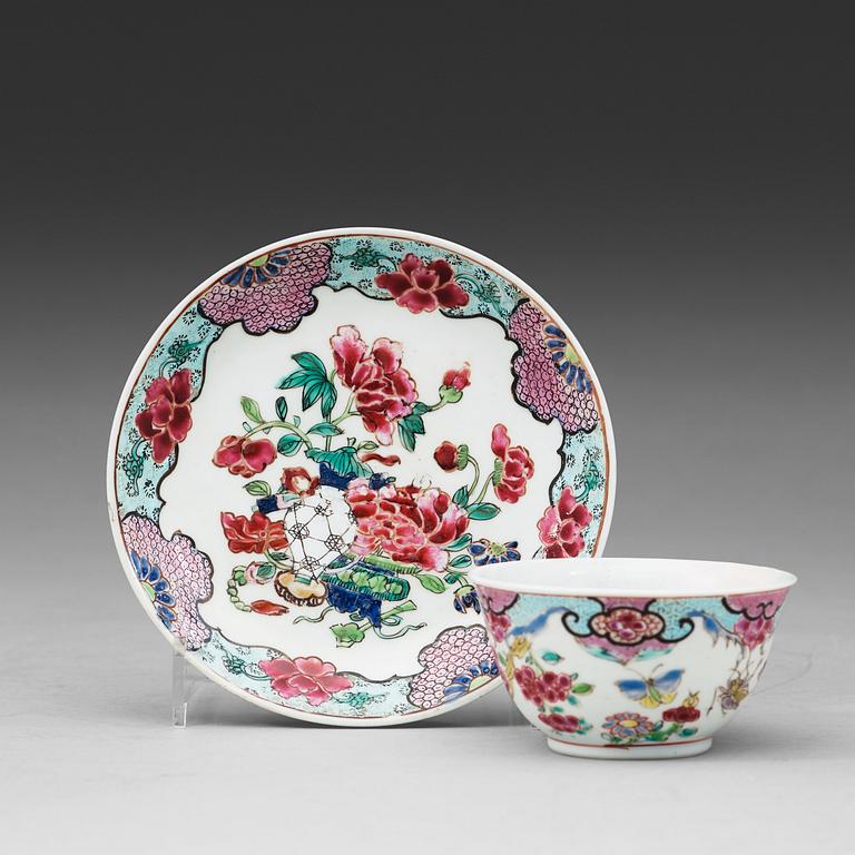 A set of seven odd famille rose cups with saucers, Qing dynasty, Yongzheng (1723-35).