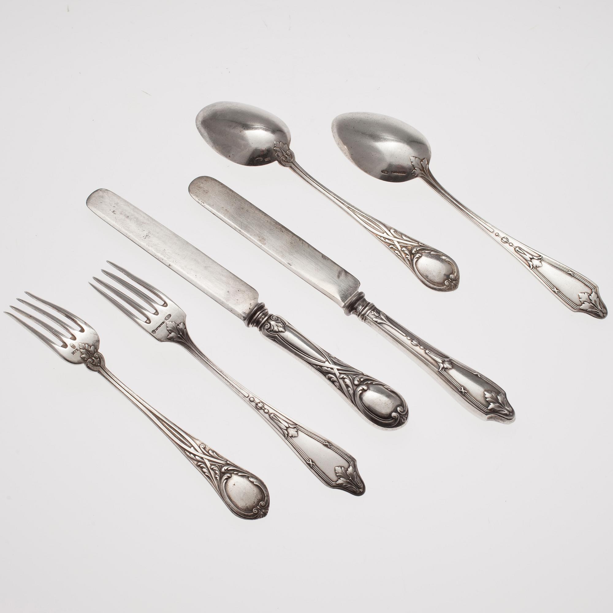 BESTICK, 6 st, silver, Gratschev (Грачевь), Ryssland 1908-1926. Vikt inklusive knivblad ca 337 g.