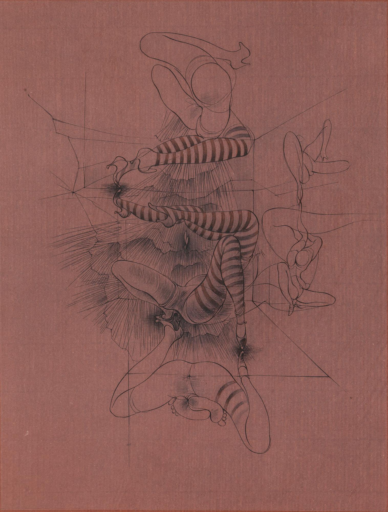 HANS BELLMER, etching on coloured paper, 1967, signed in pencil and numbered XIV/XXVI.