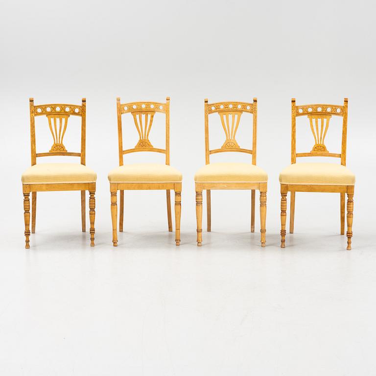 Four birch art noveau chairs, early 20th Century.