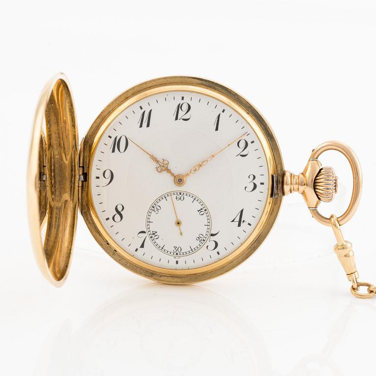 Zenith, pocket watch 18K gold, chain 18K gold, hunter, 51.5 mm.