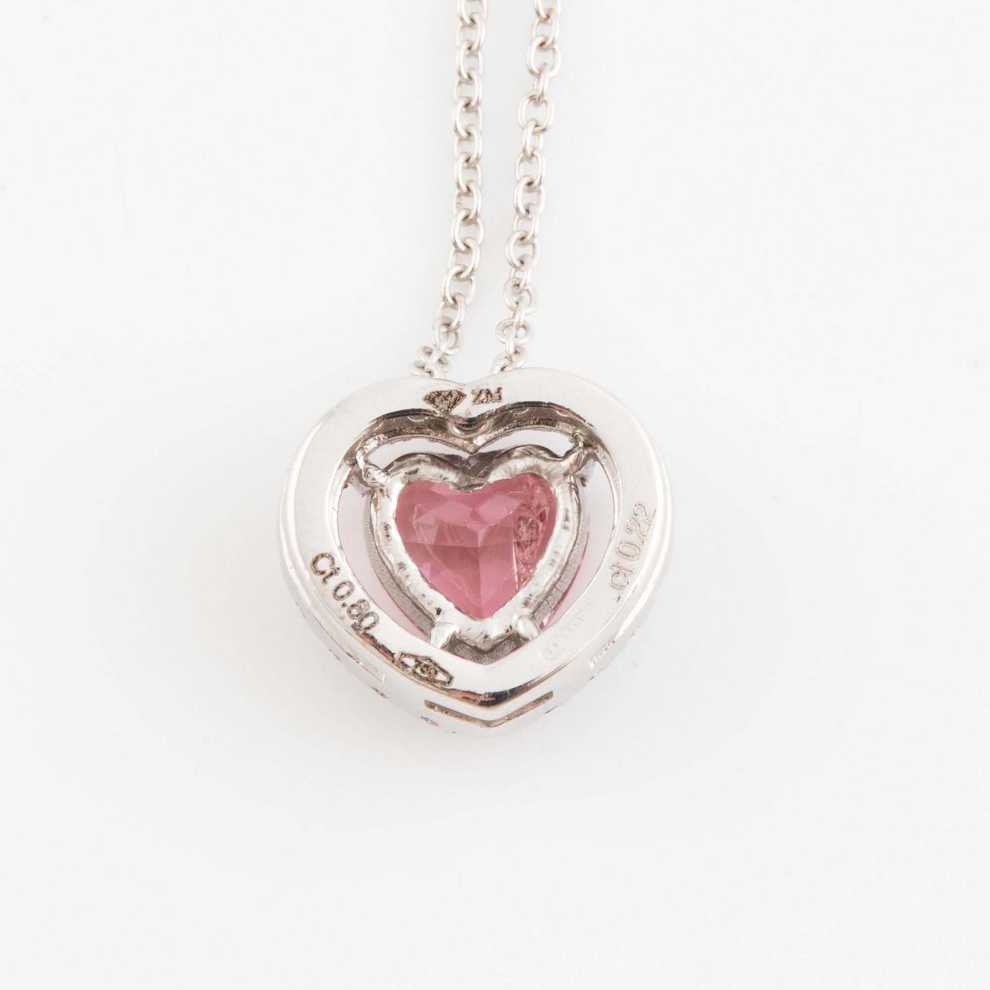 Heart shaped pink tourmaline and brilliant cut diamond necklace.