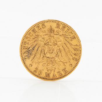 Guldmynt 20 mark 1898 Tyska riket (Hessen) storhertig Ernst Ludwig.