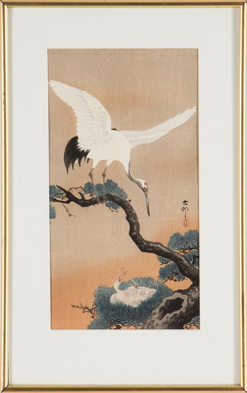 KOSON OHARA (1877-1945), färg träsnitt, två stycken Japan, "fåglar".