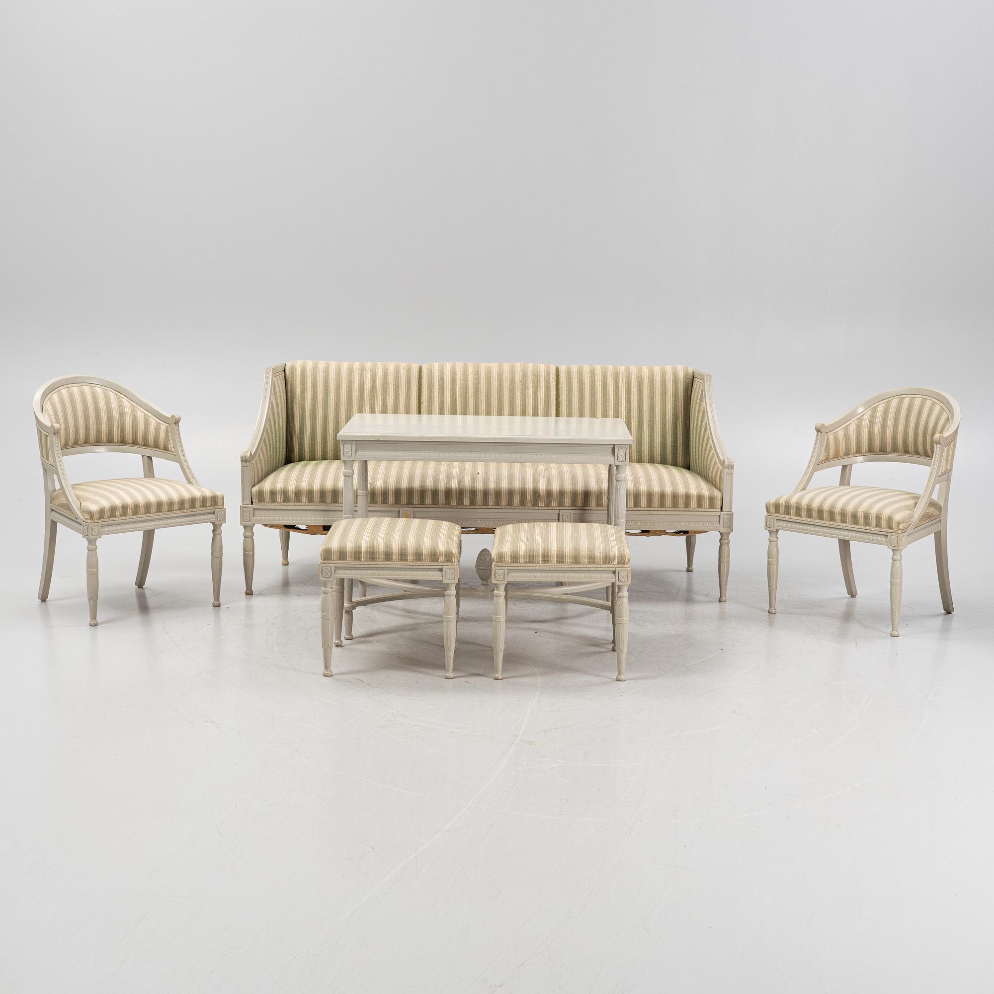 A Gustavian style 6-piece furniture suite, P.A. Eklund Bispgården, mid 20th Century.