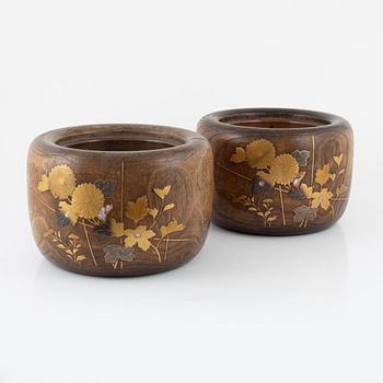 A pair of wooden Japanese flower pots, Meiji period (1868-1912).