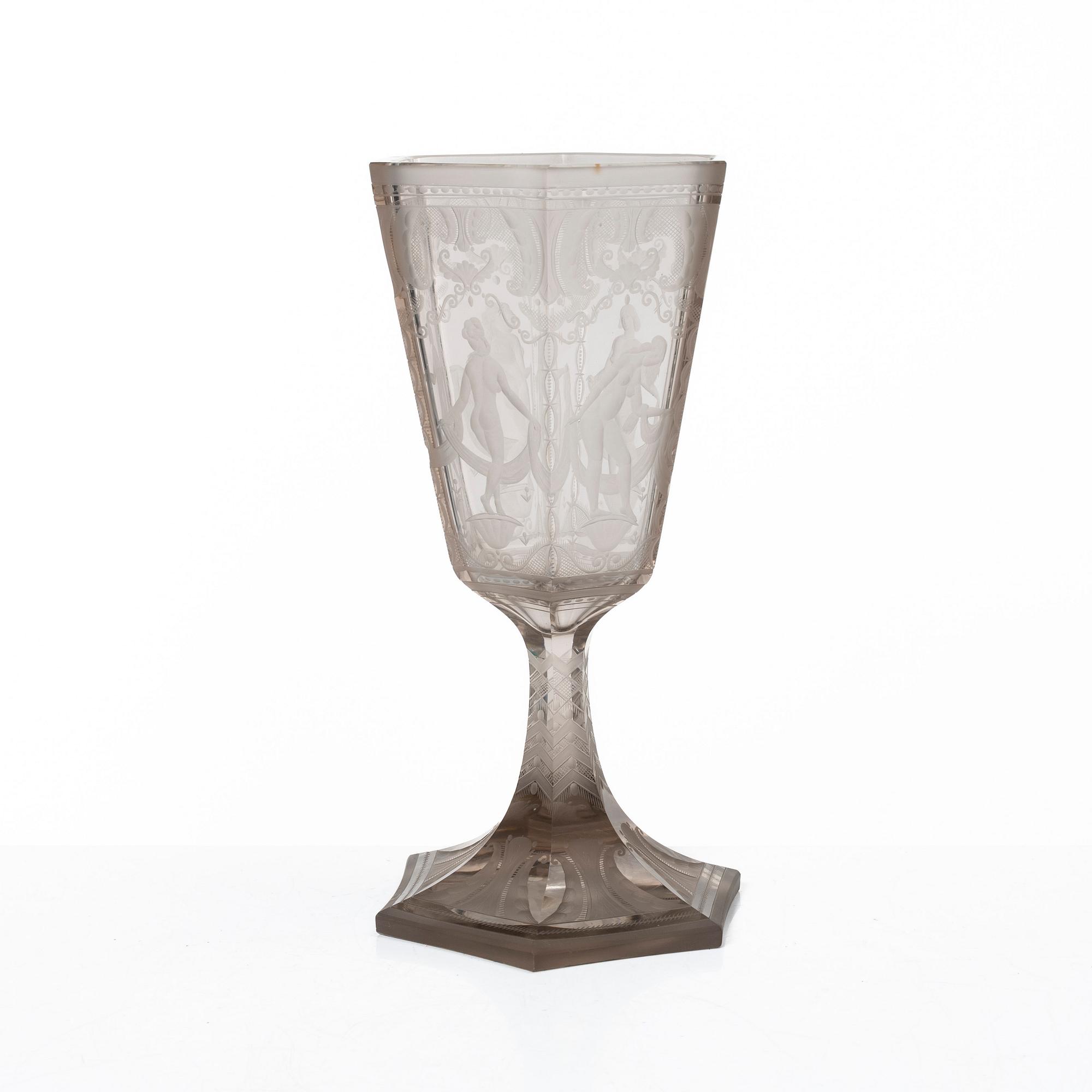 Simon Gate, a glass cup, 'Sex Gracer', Orrefors, Sweden, 1922.