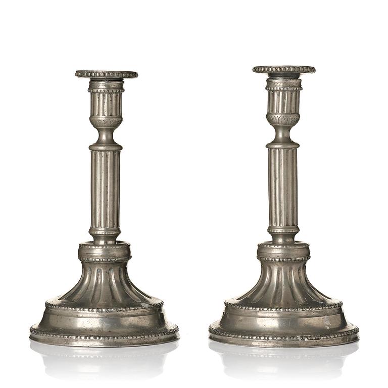 A pair of Gustavian pewter candlesticks by P. Gillman, Stockholm 1786.