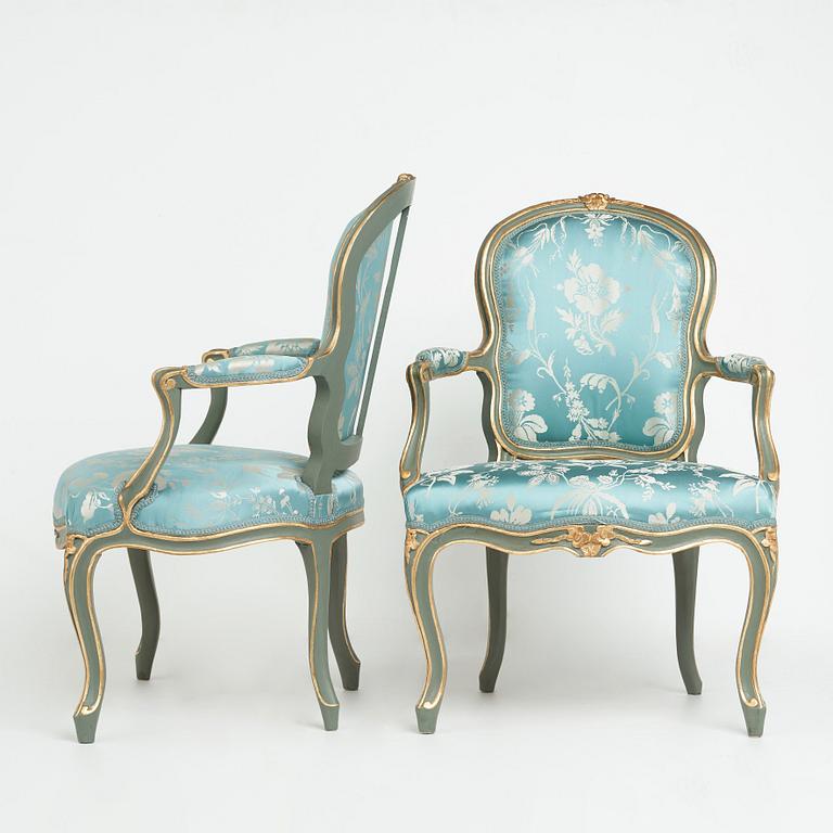 Two Louis XV mid 18th century armchairs.