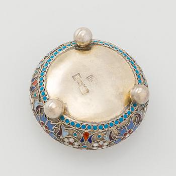 A silver parcel-gilt, cloisonné enamel salt cellar, 1890s.