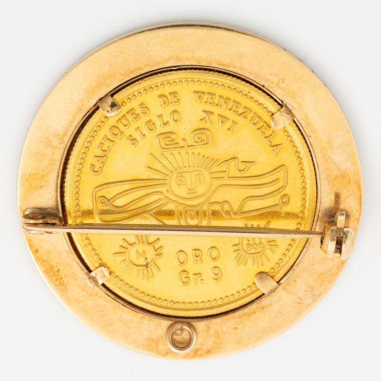 Brosch, 18K guld med guldmynt/medalj Venezuela.