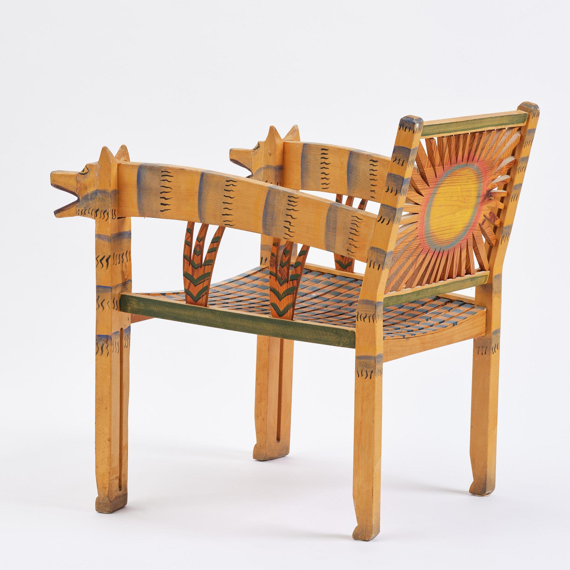 Gérard Rigot, a sculpted and painted oak chair, exectued in his studio, France, second half of the 20th century.