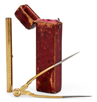 596. A 19th cent set of three tools for drawing in a leather case.