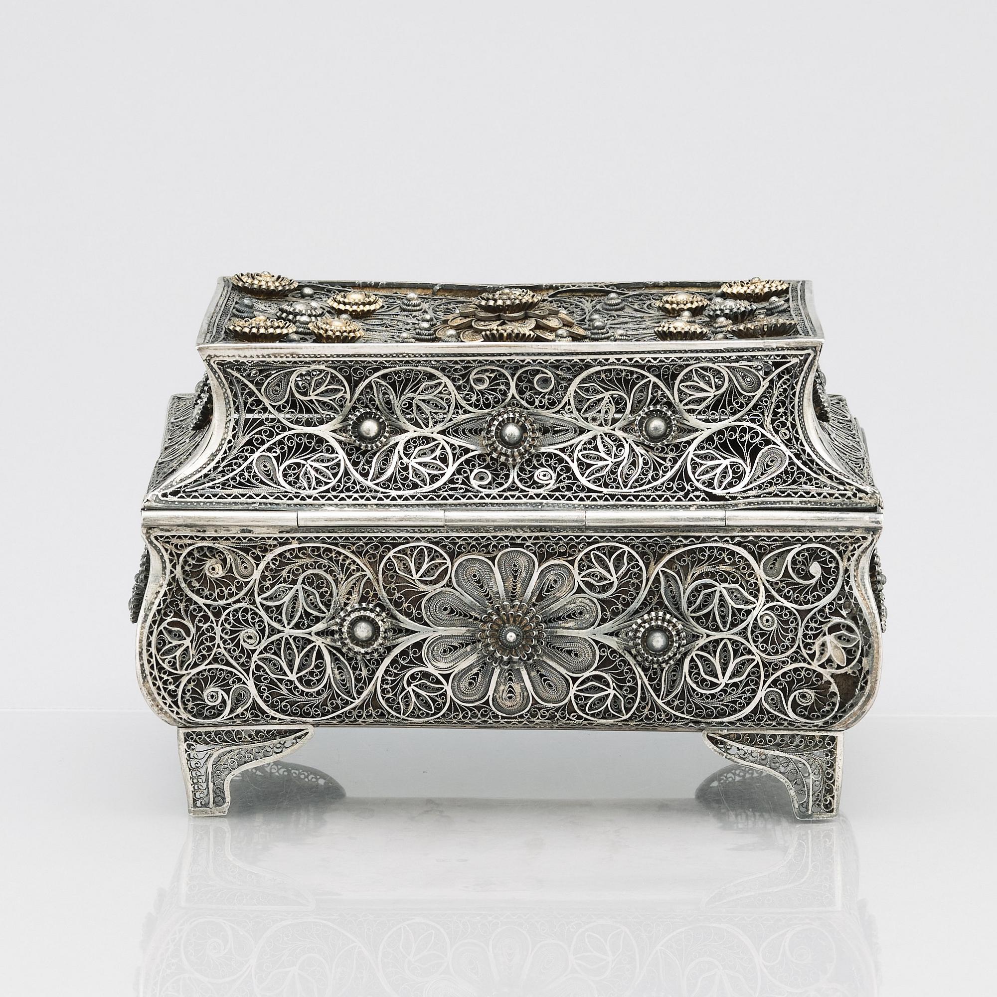 A 19th Century silver filigree box, unidentified makers mark R.K, Assay master mark of Ivan Lebedkin, Moscow 1898-1908.