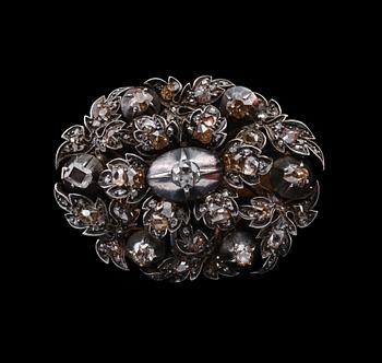 BROSCH, vanhahiontaisia timantteja n. 3.50 ct. 14K kultaa, hopeaa. Kokonaispaino 18 g.