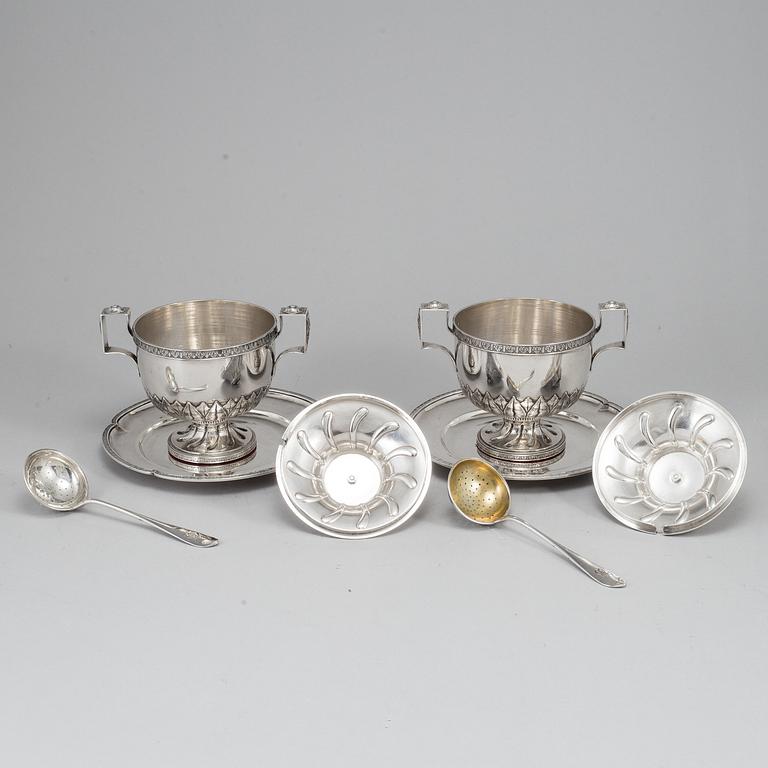JE TORSK, sockerskålar, ett par, med fat och skedar, silver, Stockholm 1902.
